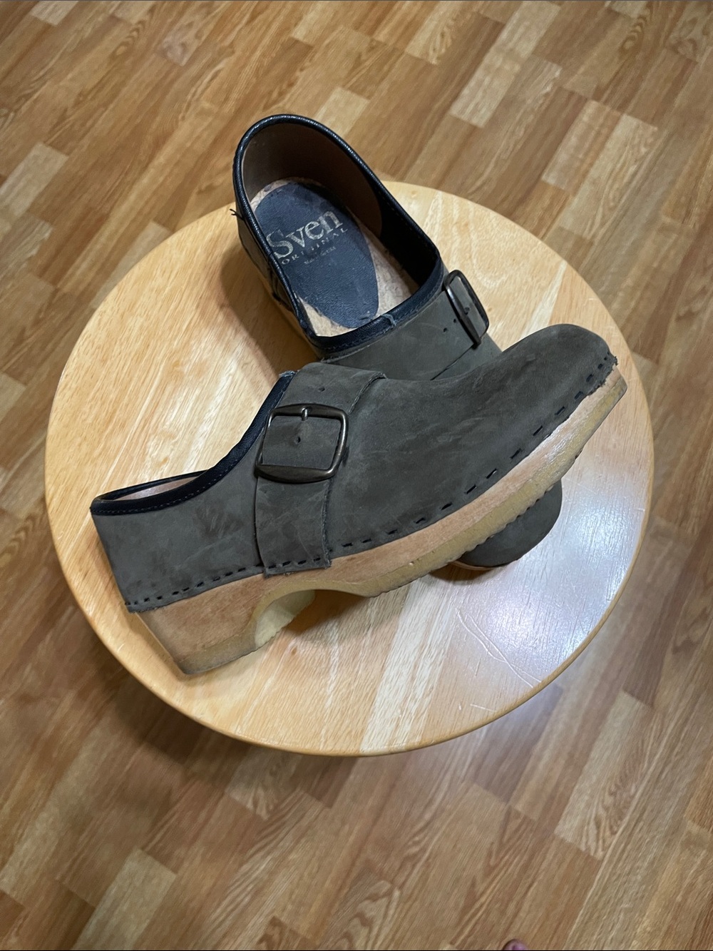 Sven Olive Suede Buckle Clogs with Wood-Look Sole
